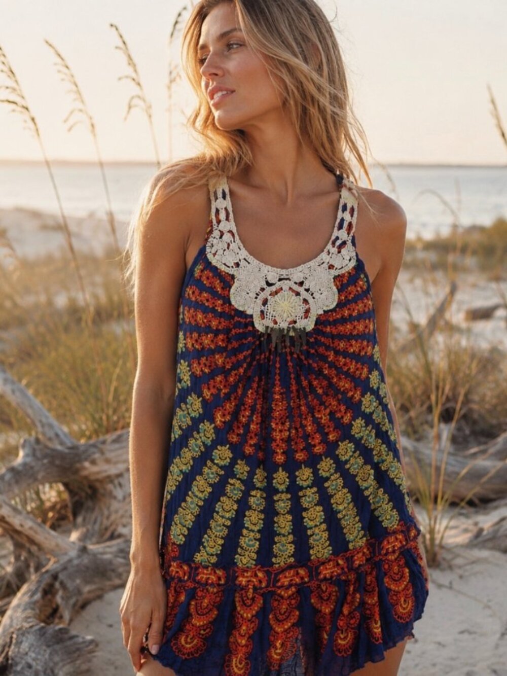 Free People Vintage Label Tribal Tunic Braided Halter Beach Festival Boho XS